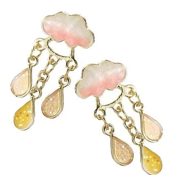 14K Gold Plated 2 Piece Pink Rain Cloud With Gemstone Drop Stud Earrings - Picture 2 of 4